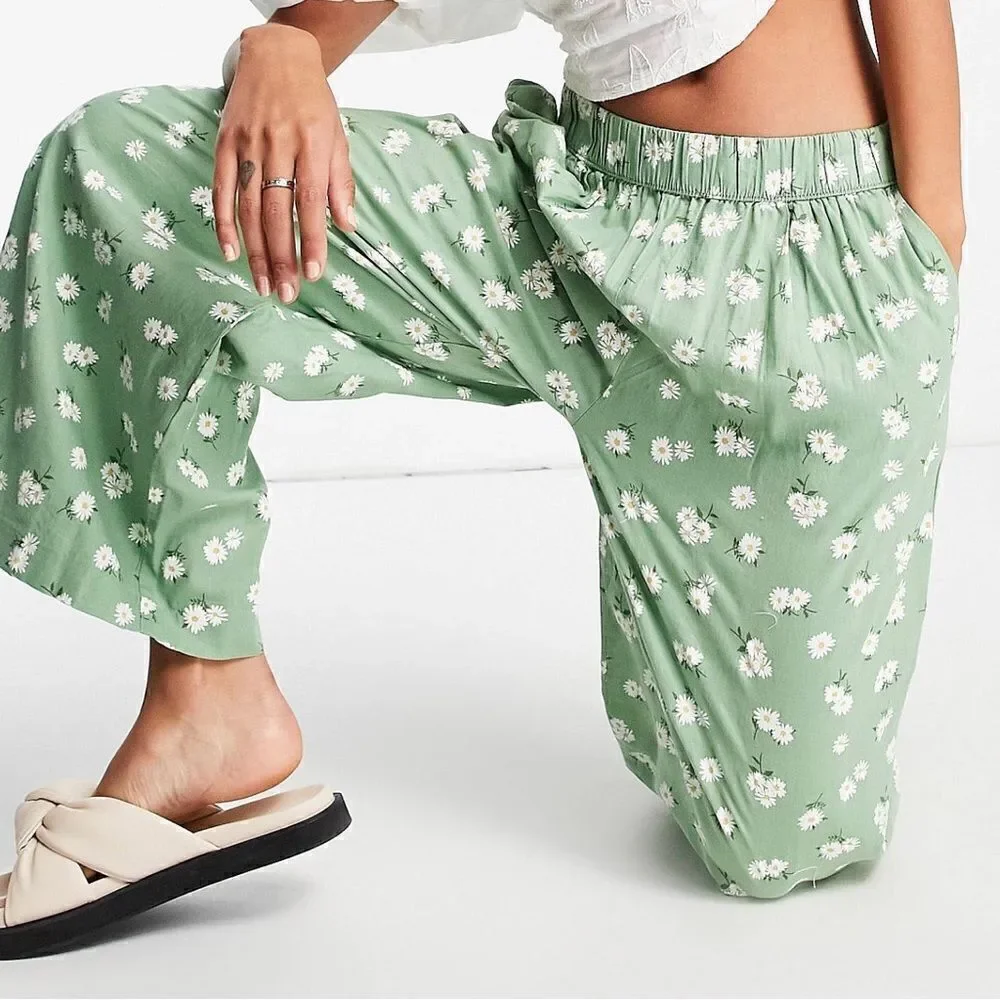 Mango Linen Blend Floral Pants Green New